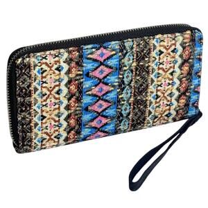 Aztec Zip Around Clutch Wallet Wristlet Embroidered Accordion Multi Color 8x4"
